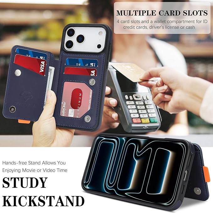 GUERNICA for iPhone 17 Pro Max (6.9") Case Wallet with Card Holder, RFID Blocking Leather Protection, Shockproof Women Men Phone Case for Apple 17 Pro Max, Blue
