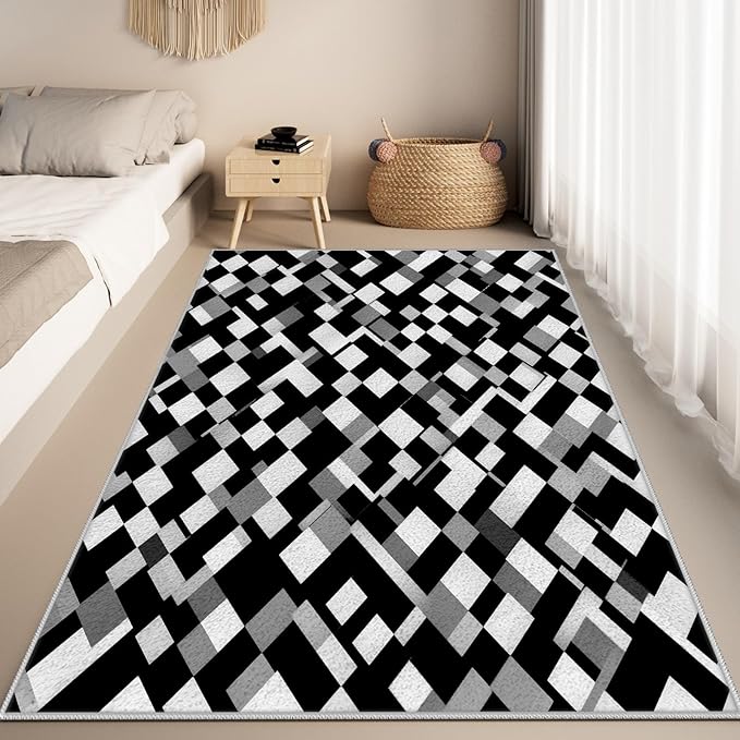 Black White and Grey Rug - Geometric Area Rug, Area Rugs 5x8, Modern Abstract Rugs, Irregular Block Splicing Carpet Washable Non Slip Home Decor Carpet for Living Room