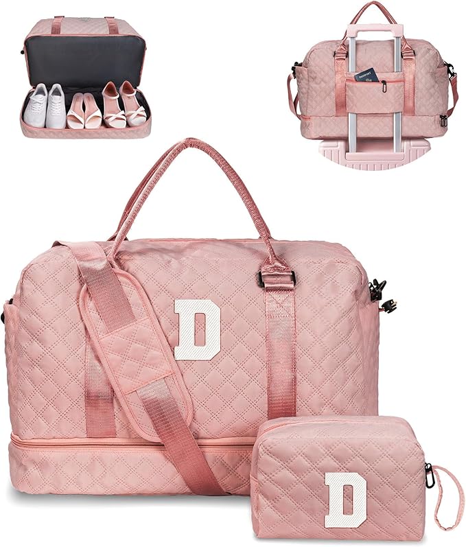 Vogewood Initial Duffle Bag with Shoe Compartment, Personalized Weekender Bag, Monogram Overnight Bag for Women with Trolley Sleeve & Wet Pocket, Letter Travel Bag with Makeup Bag (Letter D), Pink