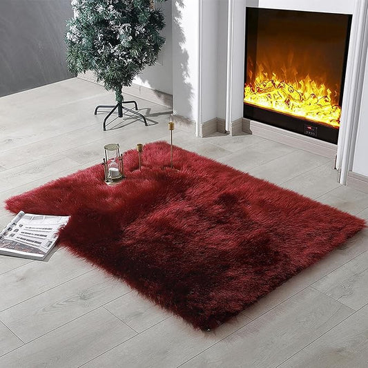 Faux Fur Rug Sheepskin Shag Fluffy Fuzzy Red 3x4 ft Rugs for Bedroom Bedside Bed Floor Living Room Plush Rectangle High-Density Cushion Carpet Super Sofa Cover