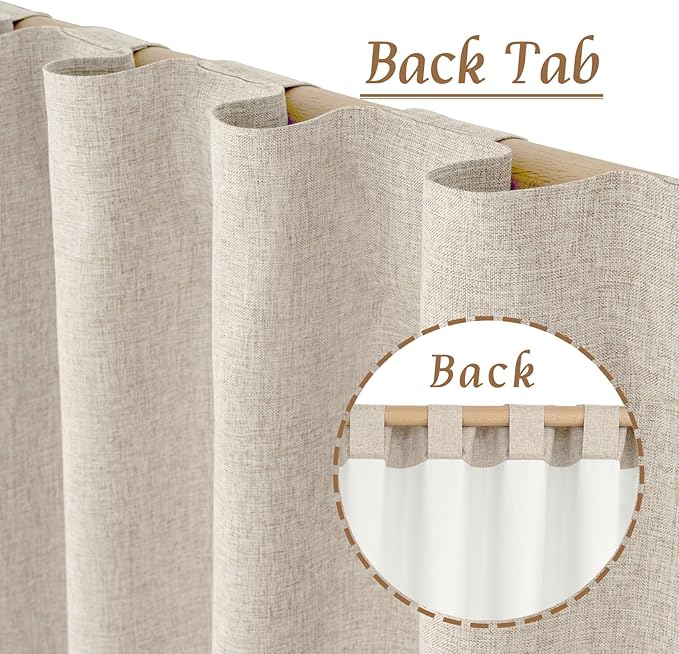 LAMIT Oatmeal 100% Blackout Linen Curtains, 63 Inches Linen Textured Thermal Bedroom Curtains Back Tab and Rod Pocket Neutral Panels with White Liner for Farmhouse, 2 Panels, 38 x 63 Inch