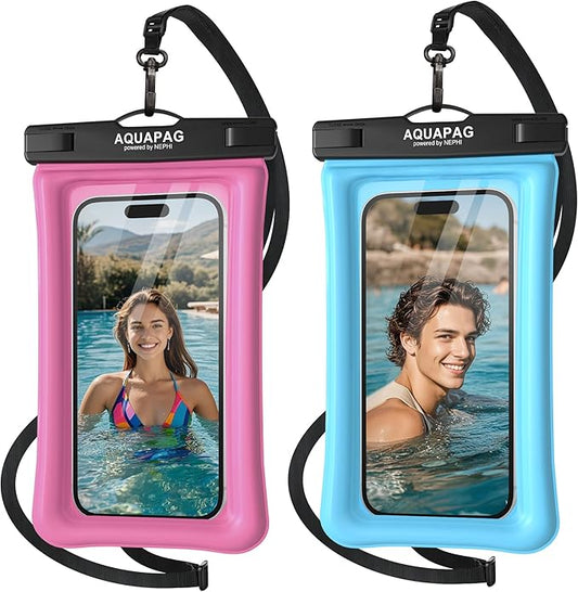 NEPHI IP68 Waterproof Phone Pouch 2 Pack-Up to 7.0"，Adjustable Neck Lanyard Floating Waterproof Phone Case for iPhone,Phone Dry Bags for Vacation Beach Pool Travel Essentials (Pink Blue 2 Pack)