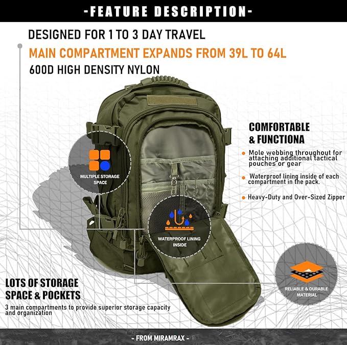 Tactical Backpack Military Hiking Daypack - Molle Backpack for Men 3 Day Assault Pack Bug Out Bag for Camping Travel Army Hunting Gym Rucksack Survival (Green)