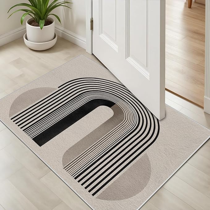 Modern Washable Rug for Living Room 5x7, Boho Abstract Striped Area Rugs, Soft Non Slip Low Pile Farmhouse Carpet for Bedroom Dining Room Kitchen, Stain Resistant, Pet Friendly, Beige Black