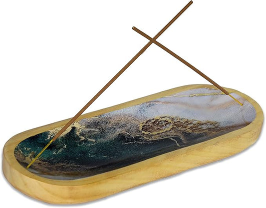 Bless-International Traditional-Handmade-Tray-Burner Wooden-Trat-Incense-Stick-Holder Ash-Catcher-Stand for-Aromatherapy-Meditation-Yoga (Green White Agate, 11x4x1.22 Inches)