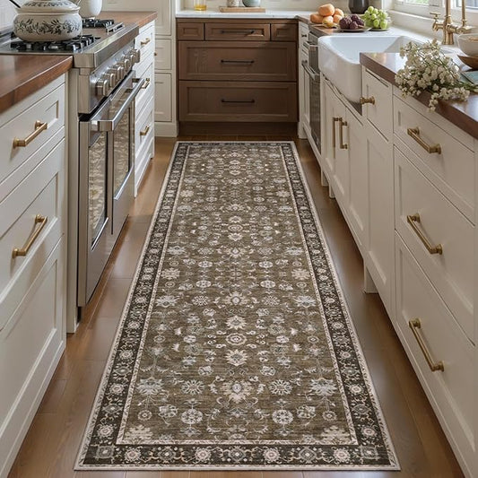 Tangsoo 2x6 Washable Runner Rug for Hallway, Non Slip Boho Vintage Brown Floral Rug Runner for Kitchen Entryway, Distressed Floor Carpet Soft Low Pile Indoor Mat for Bedroom Bathroom Laundry