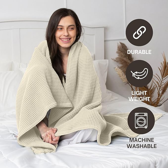 100% Cotton Waffle Blankets for Bed - Throw (50" x 60") Lightweight, Breathable and Soft, Waffle Weave Blanket for All-Season - Summer, Spring, Winter (Beige)