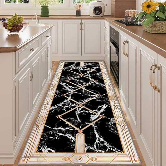 Abstract Marble Texture Throw Carpet Runner for Entrance, 2x7ft, Luxury Gold Geometric Line Bedroom Rug, Dirty Resistant Absorbent Bathroom Decor Washable Area Carpet for Office