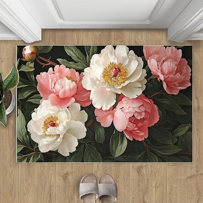 Rustic Flowers Washable Area Rug 6x9, Peony Soft Rugs for Living Room Petals Carpet Area Rugs for Bedroom Dining Room Non-Slip Stain Resistant Rug
