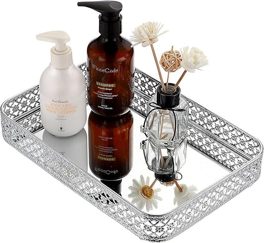 ELLDOO Perfume Mirror Tray Vanity Makeup Hollow-Carved Jewelry Organizer Glass Metal Trinket Storage Tray Home Decor Organizer for Dresser Bathroom Countertop,Silver,Medium Size