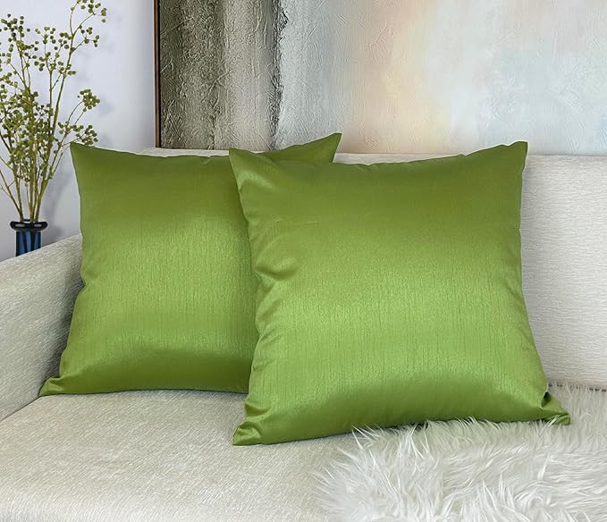 Aiking Home 18x18 Inches Faux Silk Square Throw Pillow Cover, Zipper Closure, Green (Set of 2)