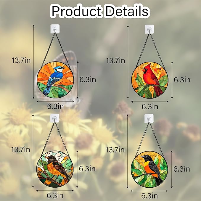 DASTOLL Stained Glass Window Hanging 4 Pcs Set Birds 6.3" - Cardinal Blue Jay Suncatcher Door Garden Sun Catcher Decor Birthday Christmas for Bird Lovers Mom Woman Nana Men