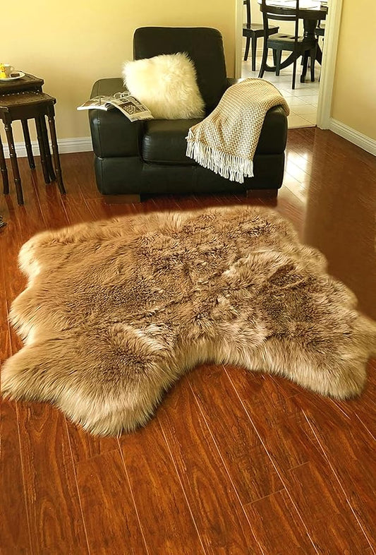 Free Shape Luxury Soft Fluffy Shag Area Rug Double Side by Side 3'x4', 90x120cm - Vegan Fur Ultra Soft Indoor Carpet Nursery Rugs for Bedroom Home Decor, Camel