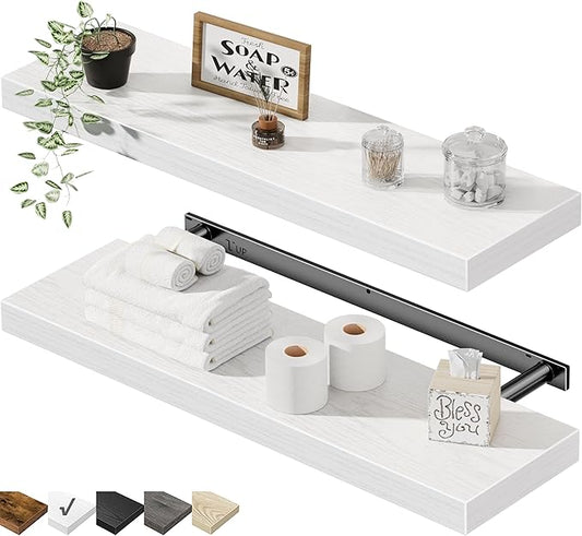 QEEIG Floating Shelves for Wall 23.6" Long - Wall Mounted Shelf Bathroom Kitchen Living Room Bedroom Farmhouse Home Decor Display Bookshelf Large 23.6 x 9.3 inch Set of 2, White (008-60W)