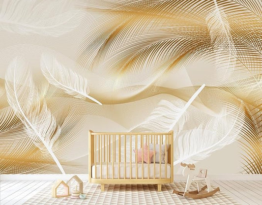 Gold and White Feather Wallpaper for Living Room Bedroom（Not Peel and Stick）