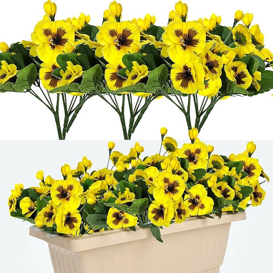 QIANYUN 8 Bundles Fake Flowers Pansy Small Wild Flower Daisy Faux Plastic Purple Flowers for Home Wedding Kitchen Garden Table Centerpieces Indoor Outdoor Decor (Yellow)