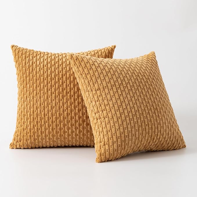 Kevin Textile Throw Pillow Covers Soft Corduroy Decorative Set of 2 Boho Striped Pillow Covers Pillowcases Farmhouse Home Decor for Couch Bed Sofa Living Room 20x20 Inch Gold