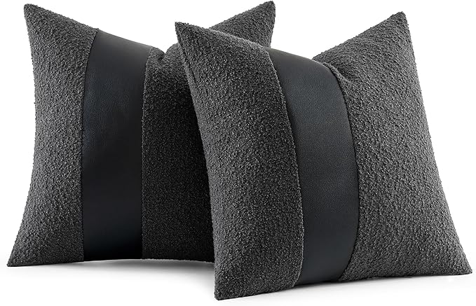 MIULEE Boucle Throw Pillow Covers 20x20 Inch Set of 2 Black Faux Leather Textured Decorative Pillow Cases Boho Farmhouse Accents Cushion Covers for Couch Bed Livingroom Home Decor