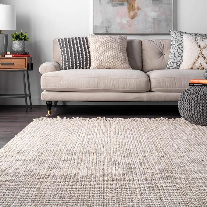 nuLOOM 9x12 Daniela Jute Tassel Hand Woven Area Rug, Off White, Solid Chunky Farmhouse Design, Natural Fiber, For Bedroom, Dining Room, Living Room, Hallway, Office, Entryway