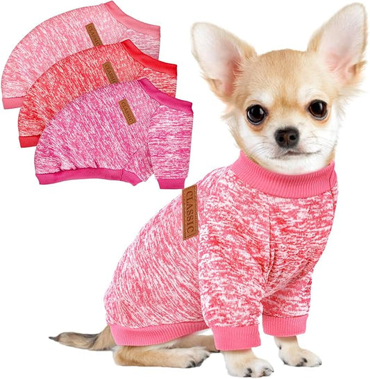 3 Pack Dog Sweaters for Small Dogs Girl Boy Winter Fleece Clothes Warm Soft Dog Sweatshirt Outfit for Dogs Cats Pet Apparel (Rose+Red+Pink, Large)