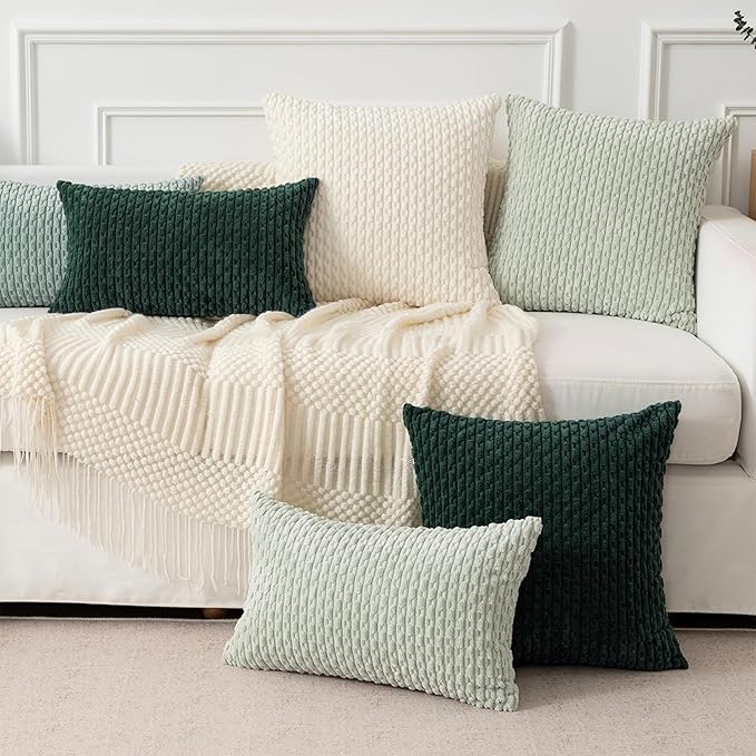 Kevin Textile Christmas Decorative Pillow Covers Set of 2 Striped Plush Corduroy Rectangle Lumbars Boho Home Decor Cushion Covers for Couch Sofa Bed Living Room 12x20 Inch, Army Green