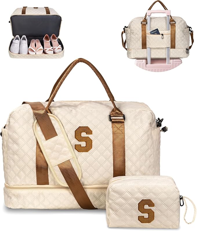 Vogewood Gifts for Granddaughter-Girl Duffle Bag with Shoe Compartment, Personalized Girl Weekender Bag, Monogram Overnight Bag, Letter Travel Bag with Makeup Bag，Daughter Friend Gifts (Letter S)