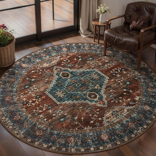 Tangsoo Oriental Circle Rug Washable Round Rugs 4ft, Non Slip Small Boho Round Area Rug, Vintage Low Pile Circular Rugs, Round Carpet for Living Room Bedroom,Entryway,Nursery,Dorm,Rust/Blue