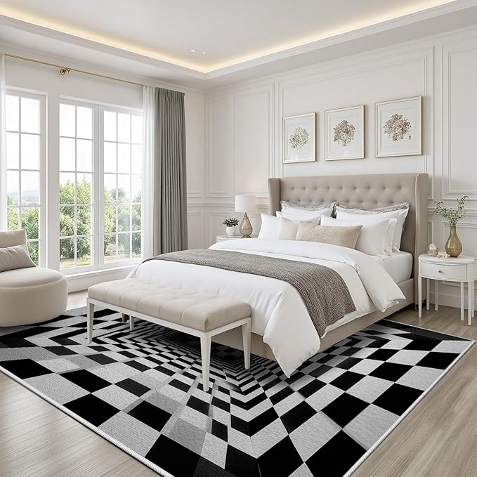 Optical Illusion Rug - Black and White Rug for Living Room, Soft Ultra Soft Faux Wool 5x6 Area Rugs Floor Mats, Non Slip&Non-Shedding Low Pile Checkered Washable Rugs, Abstract Geometric Carpet