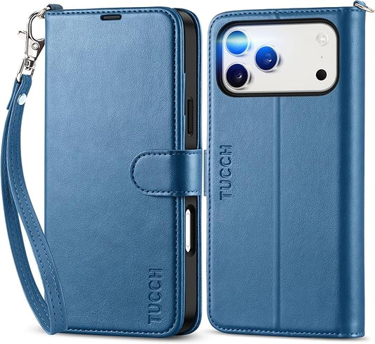 TUCCH Wallet Case for iPhone 17 Pro Max (6.9") 2025, Wrist Strap | RFID Blocking 4 Card Holders | Stand | Shockproof TPU Shell | PU Leather | Magnetic | Protective Flip Cover | Light Blue