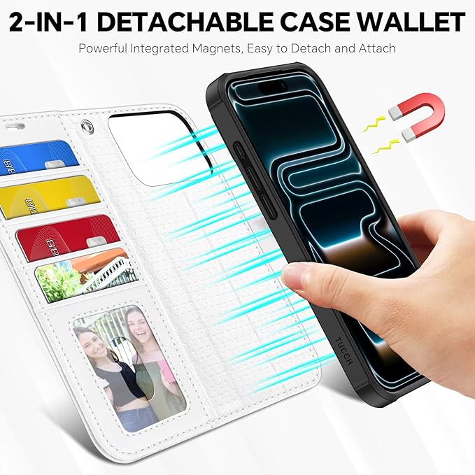 TUCCH 2-in-1 Detachable Wallet Case for iPhone 17 Pro Max (6.9") 2025, Wireless Charging | RFID Blocking 4 Card Holder | Wrist Strap | Kickstand | Magnetic | PU Leather | Protective Flip Cover | White