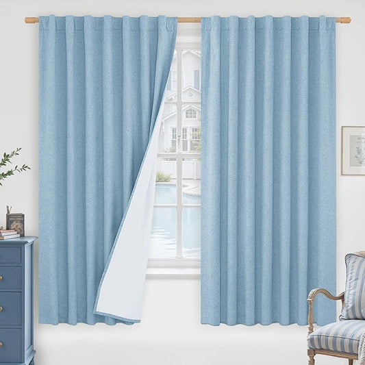 LAMIT 100% Blackout Linen Curtains 63 Inches Long, Linen Textured Living Room Farmhouse Curtains Full Room Darkening Back Tab and Rod Pocket Panels with White Liner, 2 Panels, Stone Blue, 60 x 63 Inch