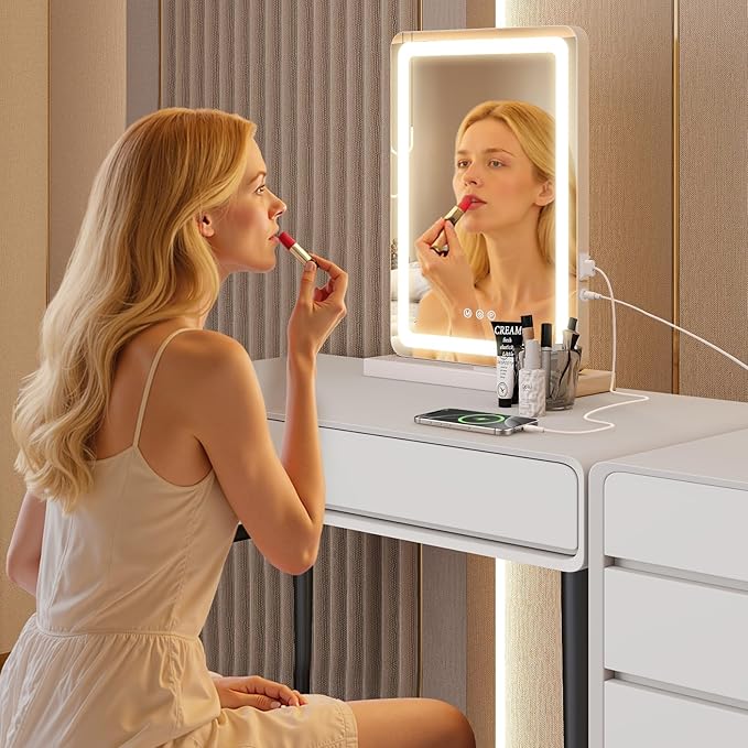 DUMOS 17“x13.2” LED Makeup Mirror with Lights for Vanity, Dimmable 3 Color Modes Makeup Mirror with Memory Function, USB Charging, Aluminum Frame, Lighted Mirror for Desk or Bedroom