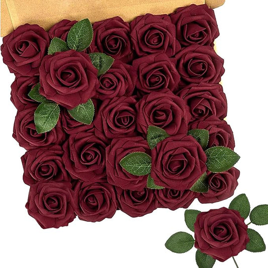 N&T NIETING Artificial Flowers, 25Pcs Fake Flowers Foam Roses with Stems Perfect DIY Wedding Bouquets Centerpieces Bridal Shower Party Valentine's Day Home Flower Arrangement Decorations, Dark Red