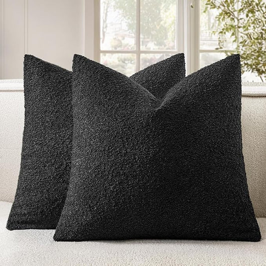 Woaboy Pack of 2 20x20 Inch Decorative Boucle Throw Pillow Covers Textured Square Pillowcaes Accent Solid Cozy Soft Cushion Covers Home Decor for Sofa Couch Living Room Home Decor,Black