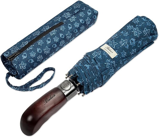 Balios Travel Folding Umbrella with Real Wood Handle Auto Open Close Vented Windproof Canopy - Designed in UK