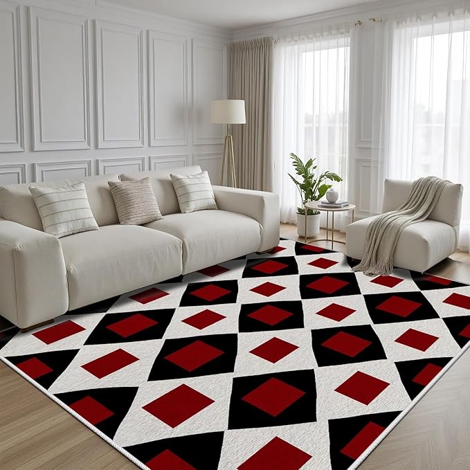 Plaid Rug 5x8, Vintage Geometric Soft Ultra Soft Faux Wool Low Pile Rug, Indoor Floor Mats Carpet, Non-Slip Stain Resistant Washable Rugs, Modern Red Rugs for Living Room Home Office Decor