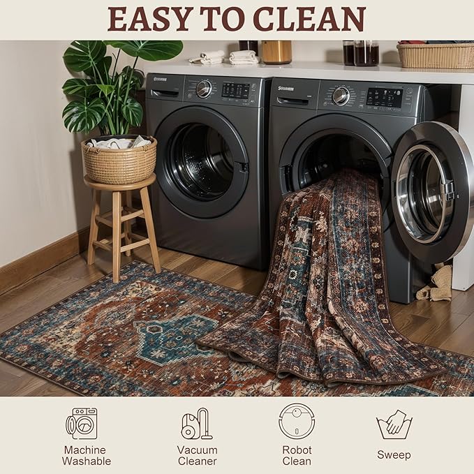 Tangsoo Washable Rug 4x6 Area Rug, Oriental Rug Indoor for Living Room, Non Slip Machine Washable Large Rugs, Soft Print Distressed Carpet for Bedroom Dining Room Dorm Office
