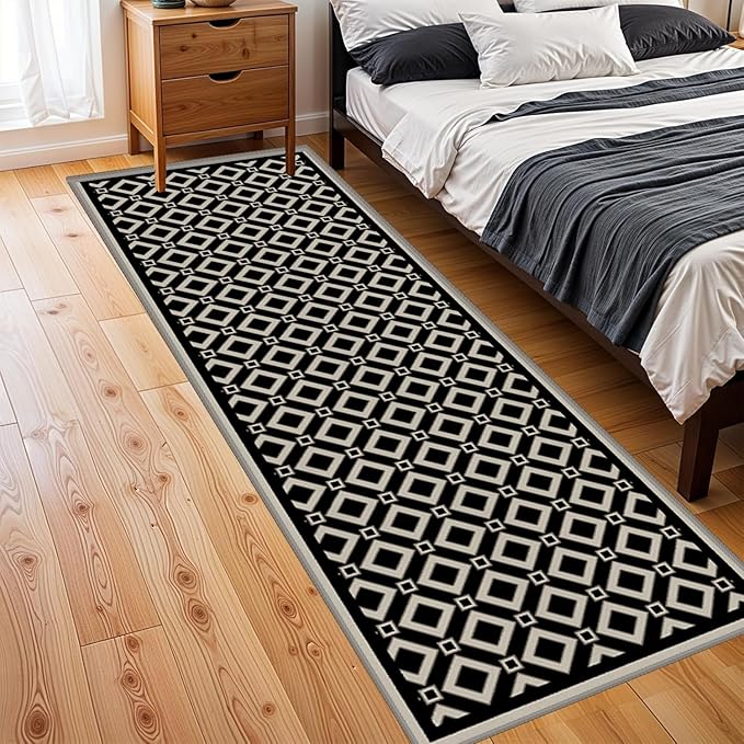 Moroccan Trellis Bedroom Area Carpets, 2.6x10ft, Modern Checkered Washable Hallway Runner Rugs, with Non Slip Backing Durable Cozy Low Pile Rug for Kitchen Bath Room Laundryroom