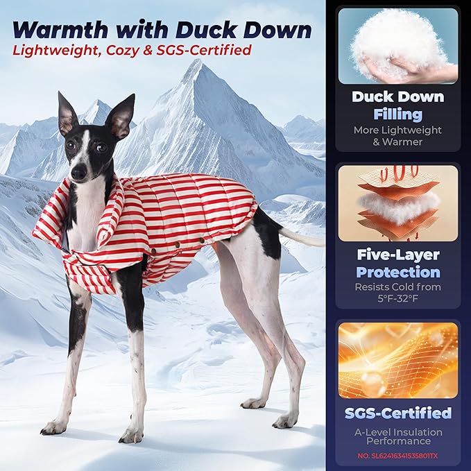 SPACE LION Dog Puffer Jacket, Down Winter Coat, Durable Outdoor Coat for Cold and Windy Conditions, Lightweight & Adjustable Fit Coats for Medium & Large Dogs,(RedStripe, Size18/L+)