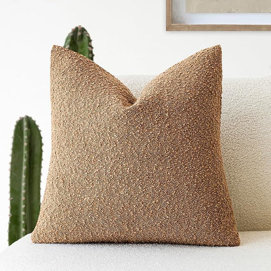 Foindtower Decorative Textured Boucle Throw Pillow Covers Accent Solid Pillow Cases Neutral Soft Cozy Couch Cushion Case for Chair Sofa Bedroom Living Room Home Decor 24 x 24 Inch,Tobacco