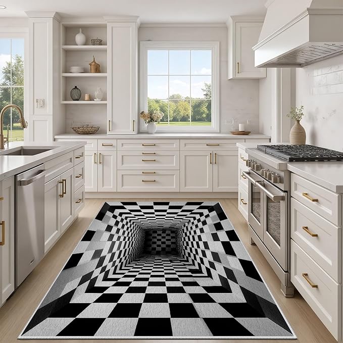Optical Illusion Rug - Black and White Rug for Living Room, Soft Ultra Soft Faux Wool 8x10 Area Rugs Floor Mats, Non Slip&Non-Shedding Low Pile Checkered Washable Rugs, Abstract Geometric Carpet