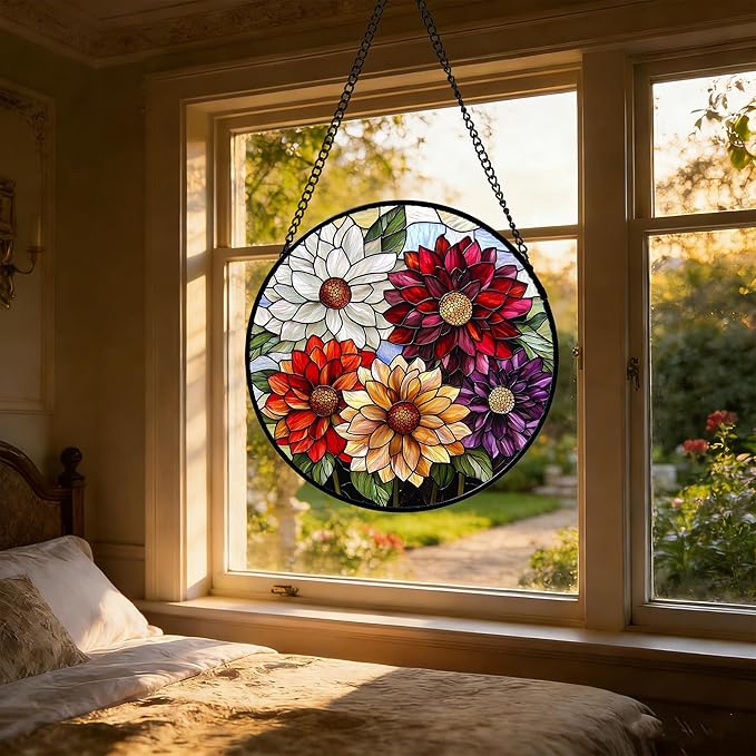 Stained Glass Window Hanging, Colorful Flowers Sun Catcher for Window Door Home Decor Plant Suncatcher Christmas Mother's Day Birthday Gifts for Women Men Mom and Nana 6.3 in