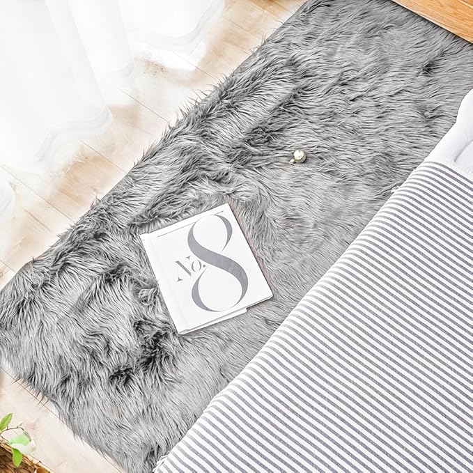 Carvapet Faux Sheepskin Area Rug 2.3x5 Feet, Gray Soft Fluffy Shag Rug, Plush Fake Fur Carpet for Bedroom Bedside Living Room Sofa Chair Cover