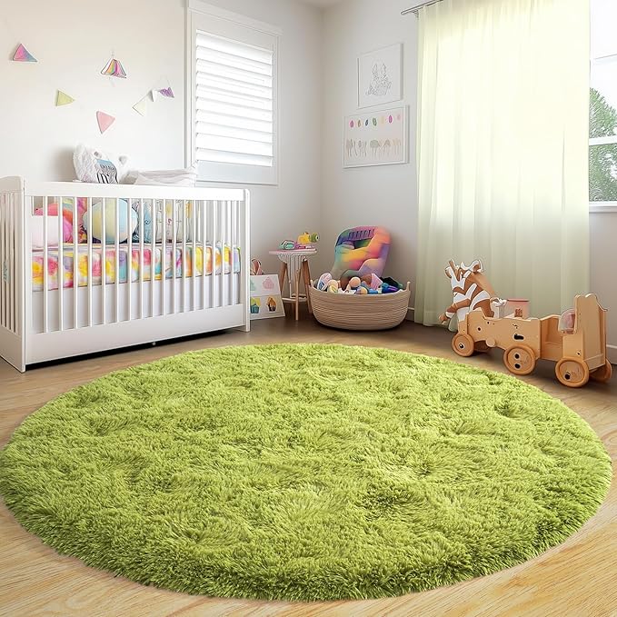 Round Fluffy for Bedroom Rugs, 4Ft Green Shag Circle Rug Non-Slip for Kids Girls Boys Bedroom Dorm Nursery Playroom, Soft Cute Area Rugs for Living Room Decor