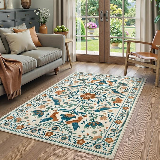 Moynesa 3x5 Entryway Rug Indoor, Modern Bohemian Washable Non-Slip Low Pile Area Rug for Kitchen Bedroom Entry,Lightweight Foldable Farmhouse Floral Bird Print Pattern Carpet Retro Home Decor