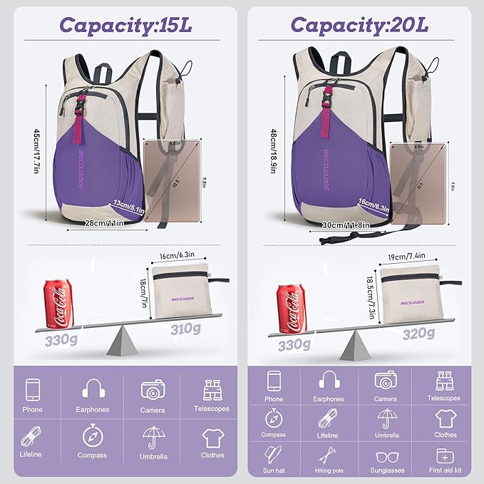 BECOJADDE 20L Small Hiking Backpack for Men Women Foldable Packable Back Pack Ultralight Hiking Daypack for Travel Camping Outdoor, Beige Purple
