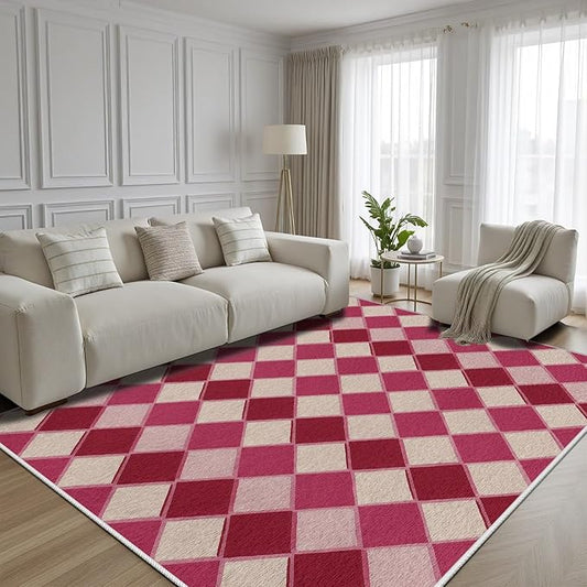 Plaid Rug, Soft Ultra Soft Faux Wool Rhombus Geometric Rugs, Indoor Floor Mats Carpet, Non Slip&Non-Shedding Low Pile Washable Rugs, Modern Red 5x8 Area Rug for Bedroom Home Decor