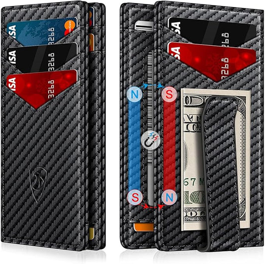 ZALVEX Wallet for Men Slim Leather Wallets for 12-15 Cards, Minimalist Thin RFID Blocking Card Holder with Money Clip & ID Window, Small Bifold Front Pocket Wallet, Gifts for Men