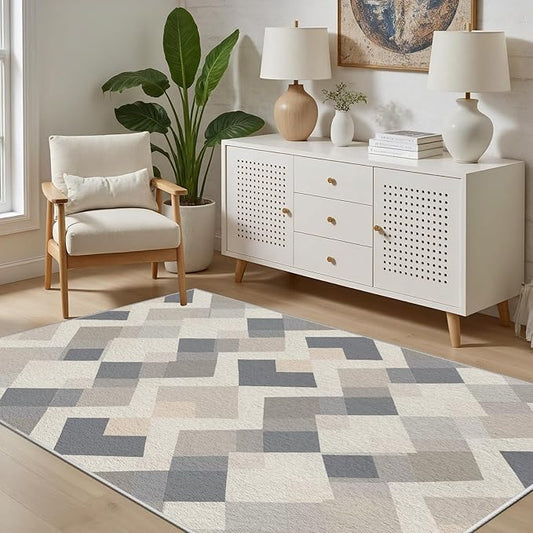 Modern Area Rug Living Room Rugs 3x4, Minimalist Soft Boho Geometric Rug, Non-Slip Washable Low Pile Non Shedding Carpet for Bedroom Office Dining Room Kitchen Nursery, Gray Beige White