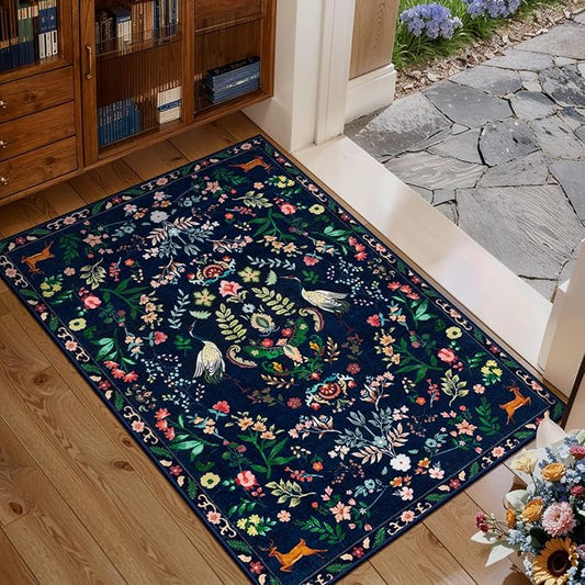 Tangsoo 2x3 Small Area Rug for Entryway, Non Slip Machine Washable Boho Nature Floral Animal Entry Rug, Low Pile Throw Rugs Door Mat Indoor Entrance Floor Carpet for Bedside Kids Room, Kids Room